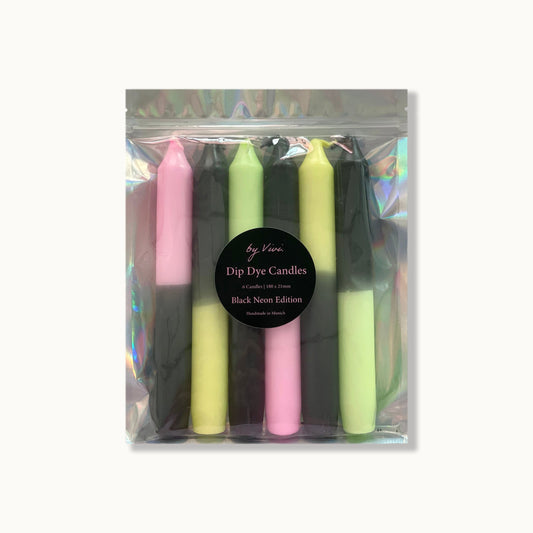 Handgemaakte dip dye kaarsen zwart met neon – set van 6