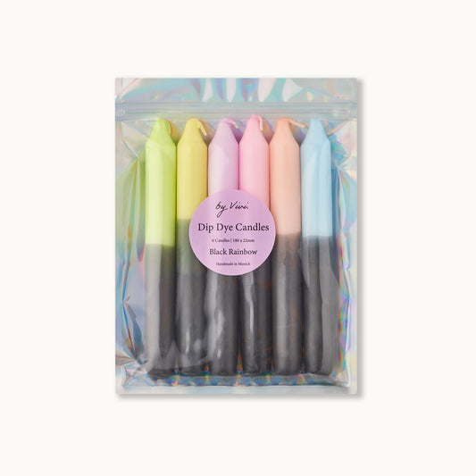 Dip dye kaarsen zwart met pastel regenboog – set van 6 – handgemaakt