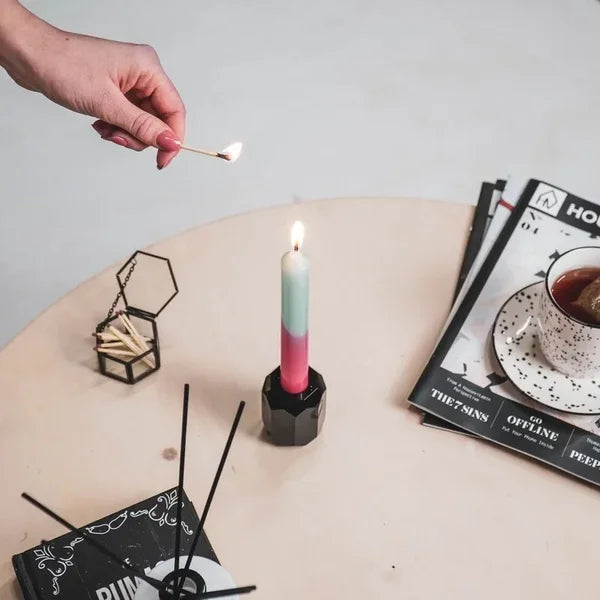 Dinerkaarsen Roze & Groen – Set van 6 – Korte Wax Kaarsen