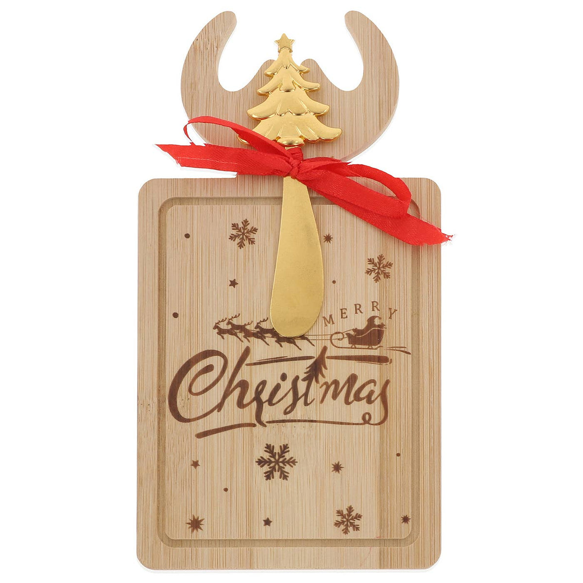 Rechthoekige houten kerst kaasplank Merry Christmas met kerstman en rendieren, goudkleurig RVS kaasmes, rode strik en decoratief rendiergewei, 11 x 20 cm