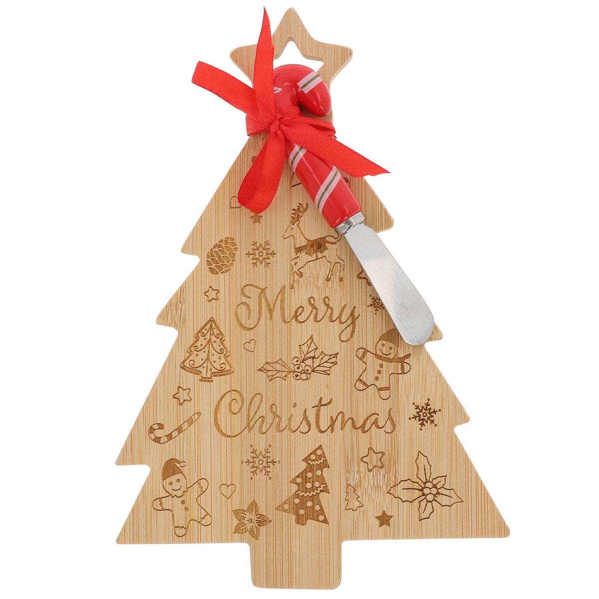 Houten kerstboom kaasplank van 25 cm met Merry Christmas gravure, kerstfiguren, rood candy cane kaasmes van RVS en feestelijke strik