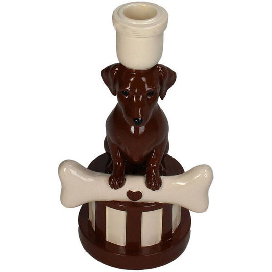 hond kandelaar met bot dieren kandelaar decoratie bruin crème interieur