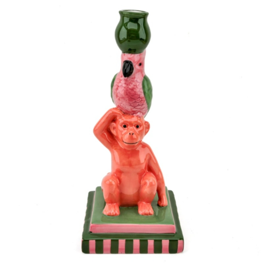 kandelaar aap papegaai keramiek kleurrijk statement woonaccessoire