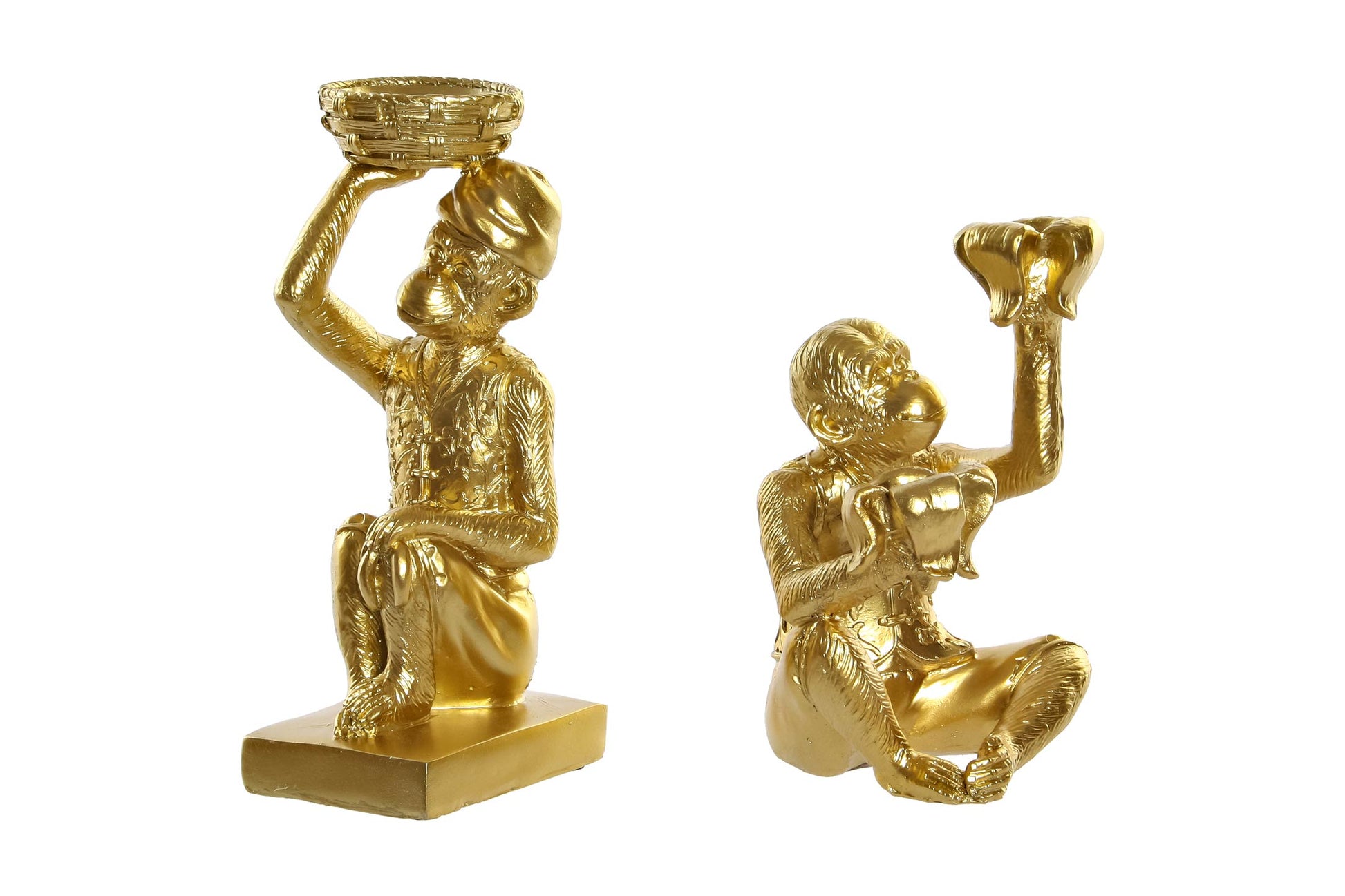 Twee gouden apen kandelaars van polyresin – speelse dierenbeelden voor sfeervolle tafeldecoratie, Krokomingo stijl