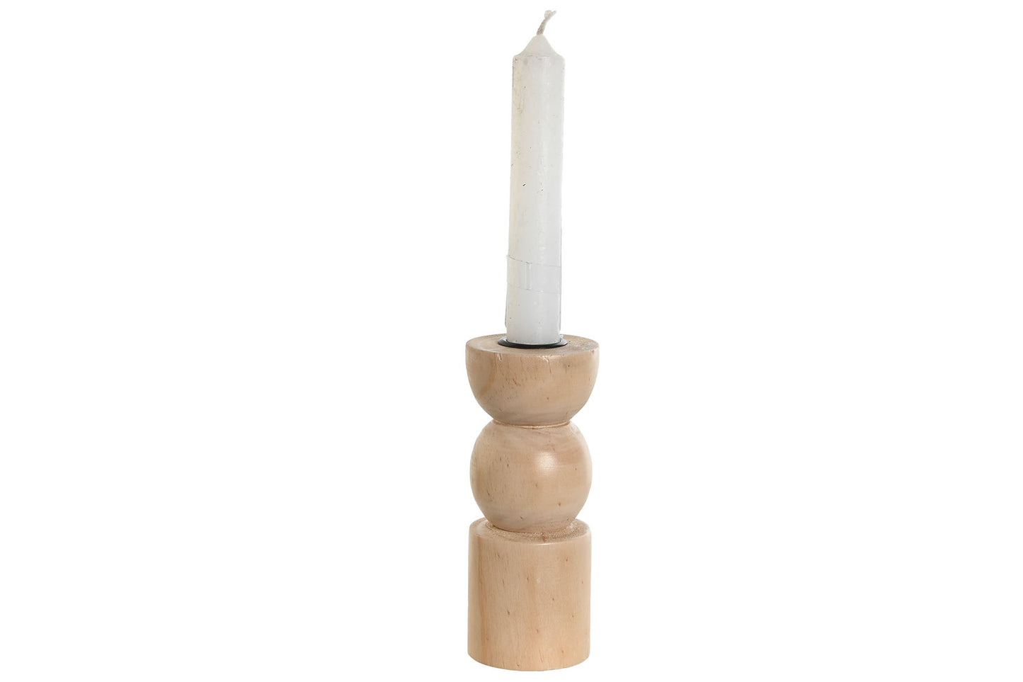 Natuurlijke houten kandelaar van 12,5 cm voor een standaard witte dinerkaars, geschikt voor Scandinavische en Japandi woondecoratie.