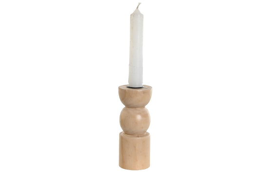 Natuurlijke houten kandelaar van 12,5 cm voor een standaard witte dinerkaars, geschikt voor Scandinavische en Japandi woondecoratie.