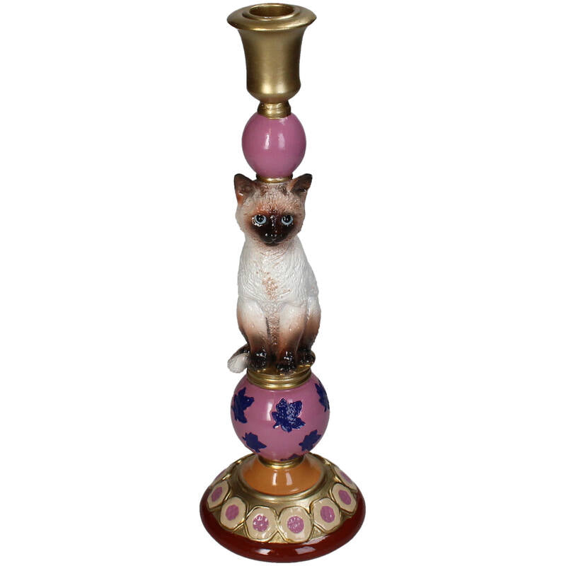 Kleurrijke kat kandelaar van Kersten met siamees kat in roze, goud en paars – decoratieve dierenkandelaar van 31 cm hoog