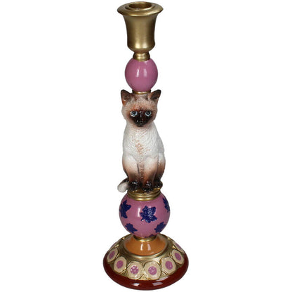 Kleurrijke kat kandelaar van Kersten met siamees kat in roze, goud en paars – decoratieve dierenkandelaar van 31 cm hoog