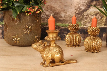 Gouden rat kandelaar van polyresin – Dutch Style – kleine speelse kaarsenhouder