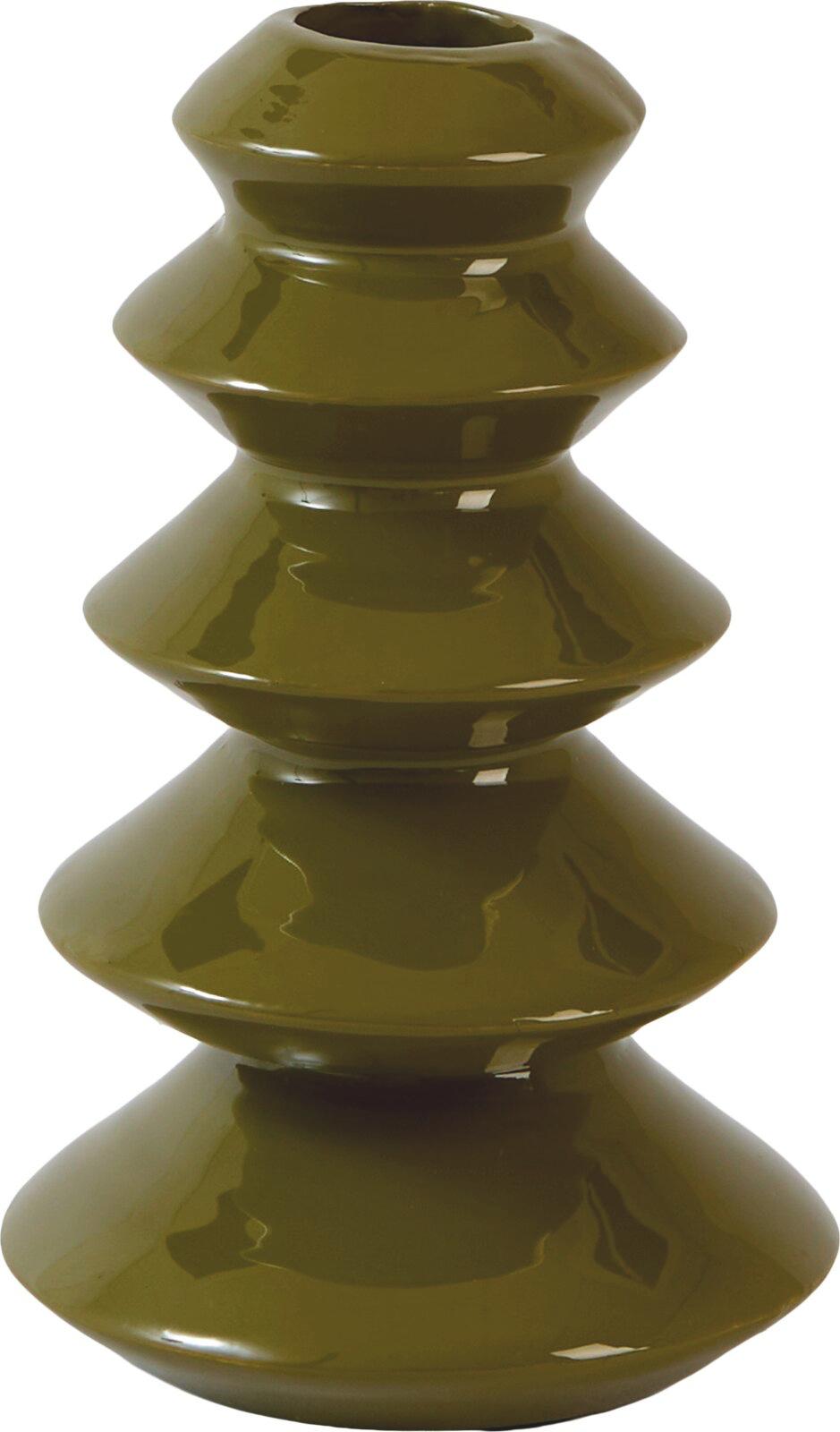 Olijfgroene metalen kandelaar Merlin van Light & Living met glanzende afwerking en gestapelde kerstboomvorm, Ø 8 × 13 cm.