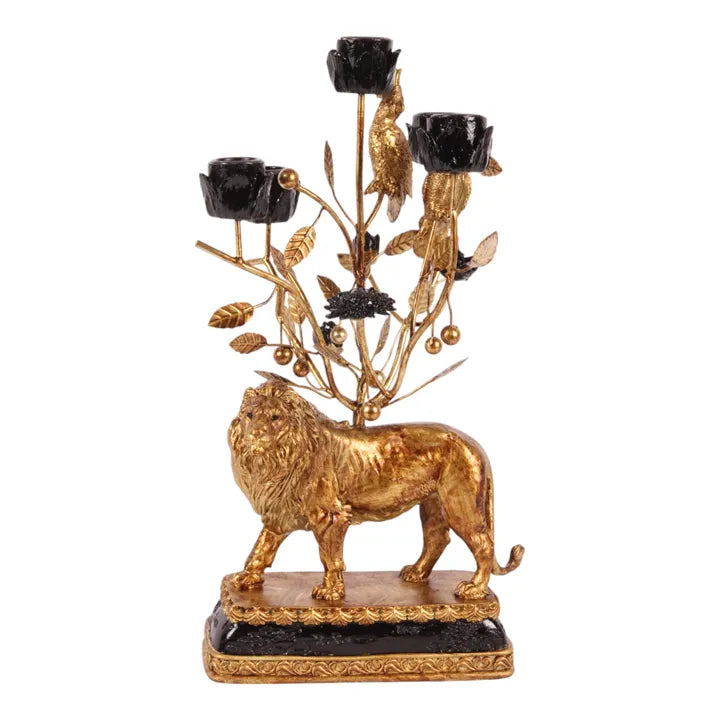 Gouden Kandelaar Leeuw met Vogels – 36 cm – Dutch Style – Luxe Dierendecoratie