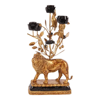 Gouden Kandelaar Leeuw met Vogels – 36 cm – Dutch Style – Luxe Dierendecoratie