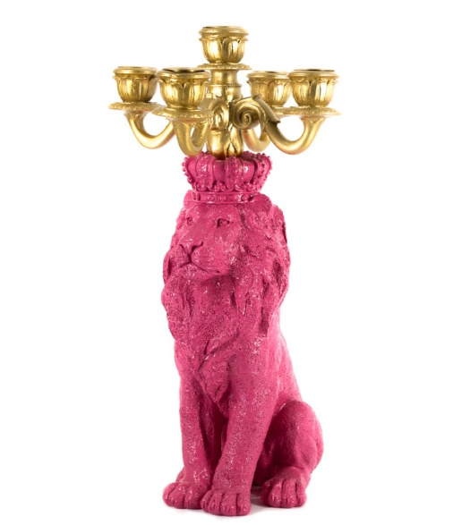 Pink Lion Candle Holder – 5-Arm Animal Statue 35.2 cm