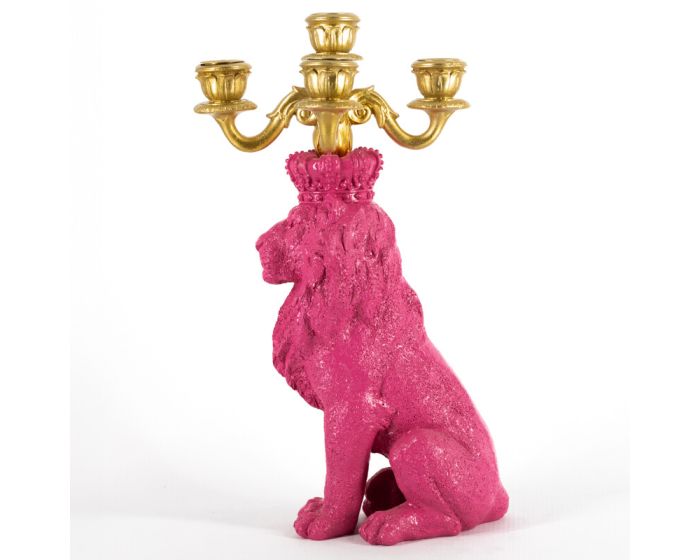 Pink Lion Candle Holder – 5-Arm Animal Statue 35.2 cm