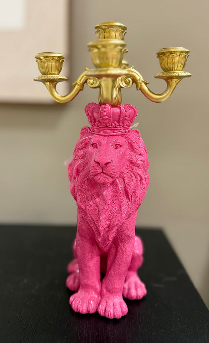 Pink Lion Candle Holder – 5-Arm Animal Statue 35.2 cm
