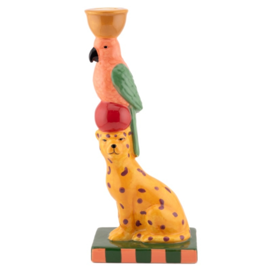 kandelaar luipaard papegaai keramiek kleurrijk woonaccessoire dieren decoratie statement