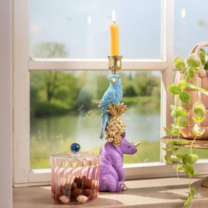 Tropische dieren kandelaar – papegaai op ananas & paarse neushoorn – 33,3 cm hoog