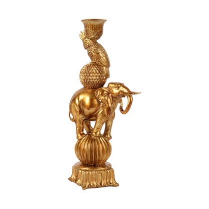 Gouden kandelaar sculptuur met olifant, ananas en vogel – Dutch Style – 27 cm