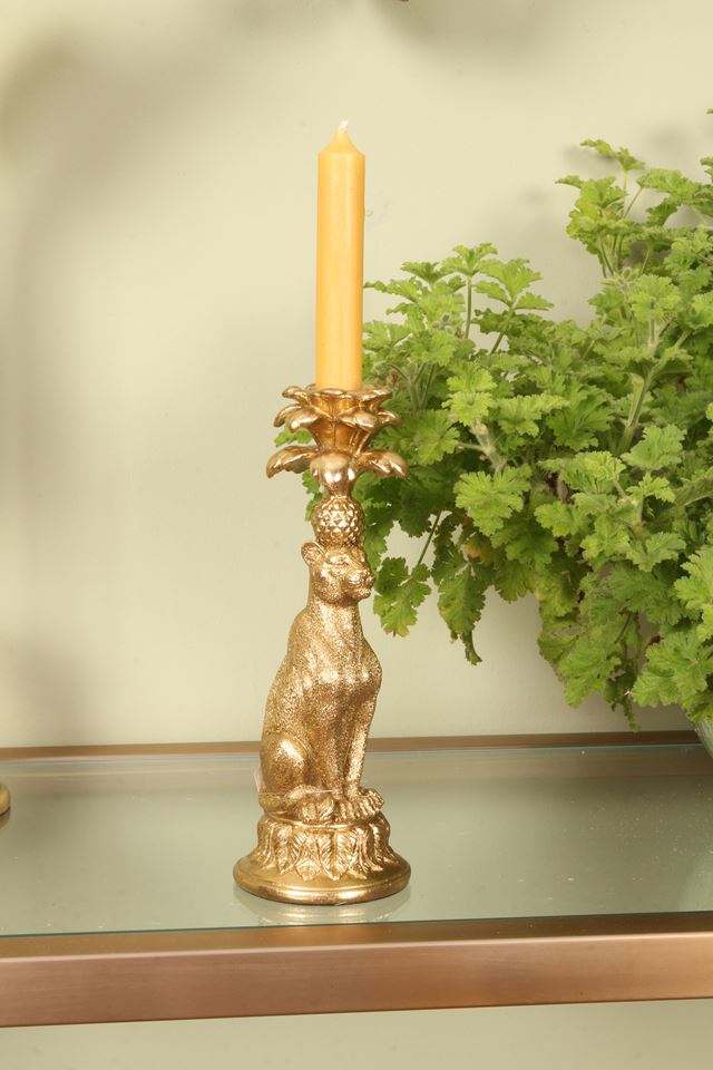 Gouden luipaard kandelaar van Dutch Style met palmblad – 23,5 cm hoog
