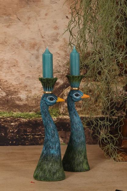 Blauwgroene pauw kandelaar Dutch Style dieren woondecoratie - groot formaat