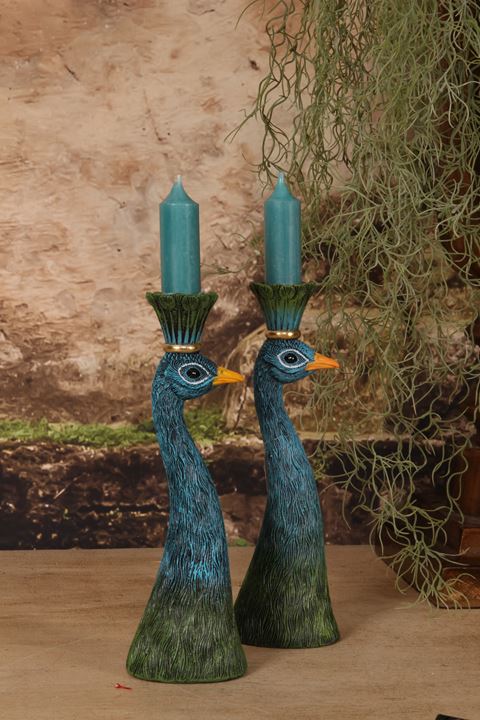 Blauwgroene pauw kandelaar Dutch Style dieren woondecoratie - groot formaat