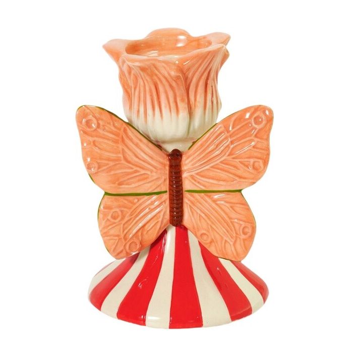 Keramieken kandelaar met bloemvorm en vlinder – rood, roze en perzik kleuren – Krokomingo