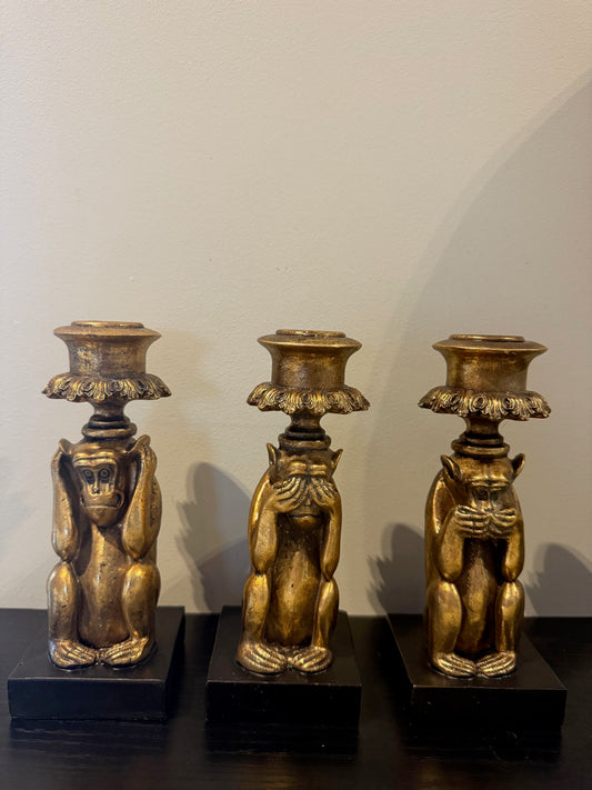 Set van 3 gouden apenkandelaars – Horen, Zien en Zwijgen – speelse luxe woondecoratie van Dutch Style