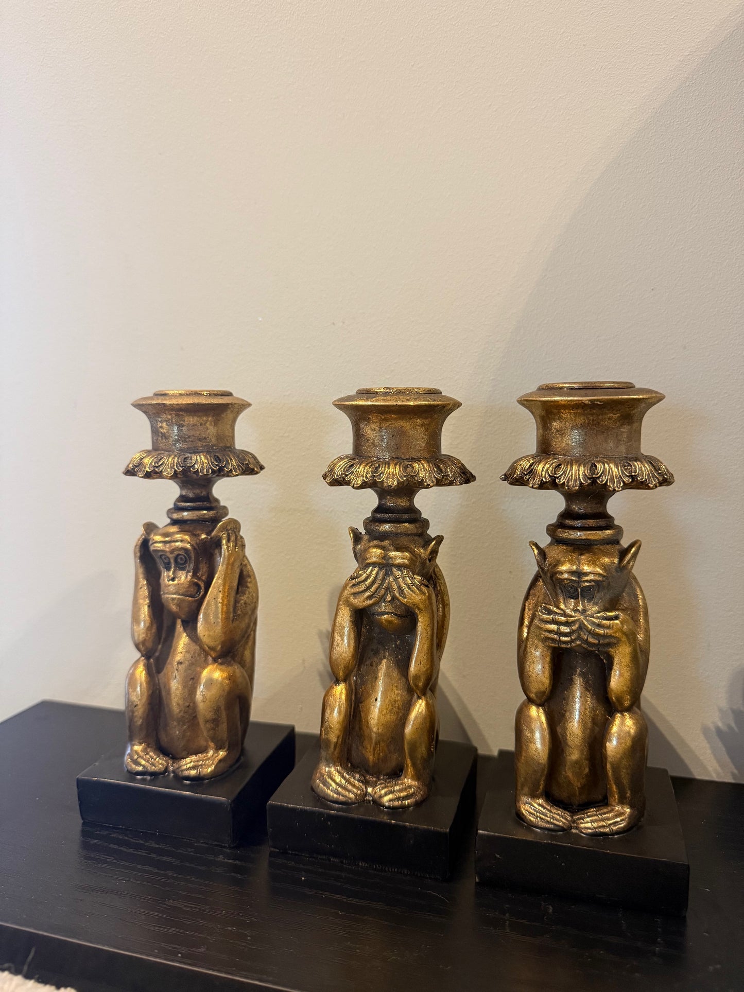 Gouden Apen Kandelaars – Set van 3 – Horen, Zien, Zwijgen – Dutch Style – 15 cm