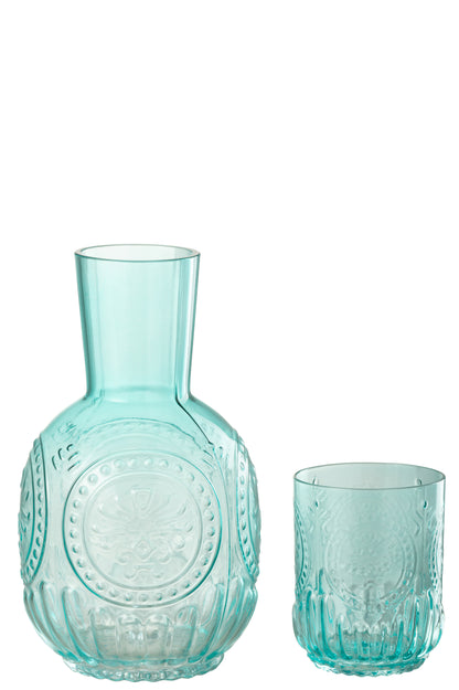 Glazen karaf met drinkglas in aqua kleur van J-Line met vintage reliëfpatroon en inhoud van 750 ml.