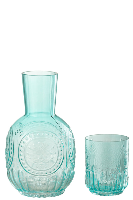 Glazen karaf met drinkglas in aqua kleur van J-Line met vintage reliëfpatroon en inhoud van 750 ml.