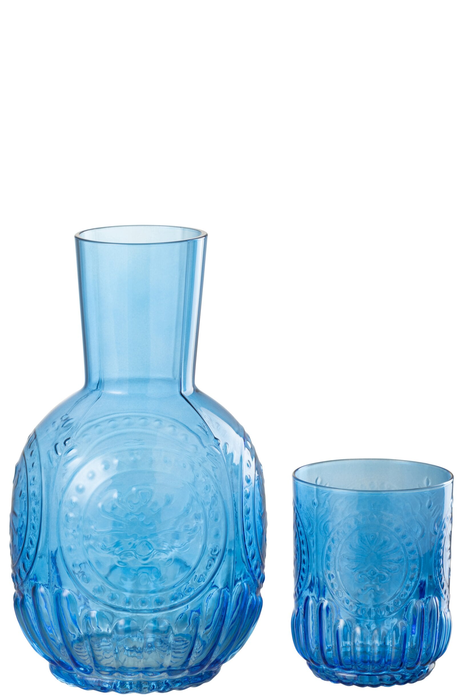 Blauwe glazen karaf met bijpassend drinkglas van 750 ml in vintage reliëfglas design
