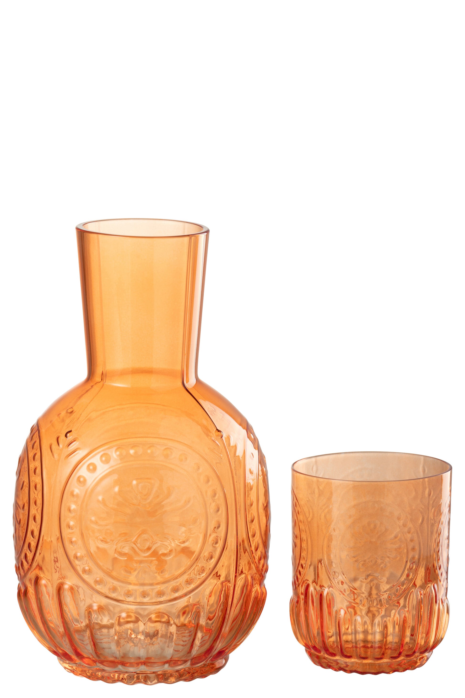 J-Line Maya karaf met drinkglas in oranje amberkleurig reliëfglas met inhoud van 750 ml.