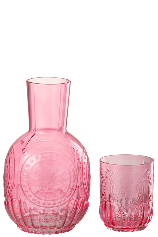 J-Line Maya karaf met drinkglas in roze reliëfglas met vintage uitstraling en inhoud van 750 ml.