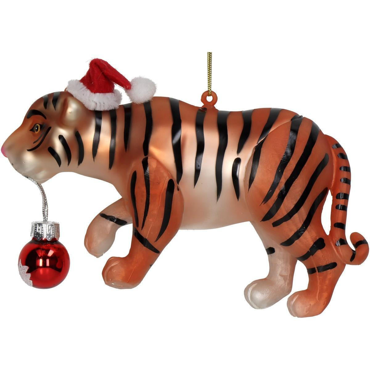 Tijger kerstbal van glas met kerstmuts en rode mini-kerstbal in de bek – dieren kerstornament van 14 cm