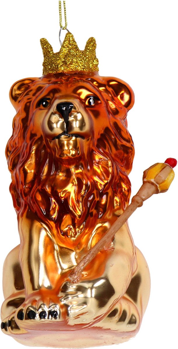 Gouden leeuw kerstbal van glas met kroon en scepter – koninklijke kerstdecoratie met dierenthema van Krokomingo