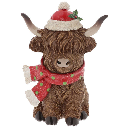 Kerst hooglander beeldje met rode muts en sjaal – winterdecoratie 18 cm