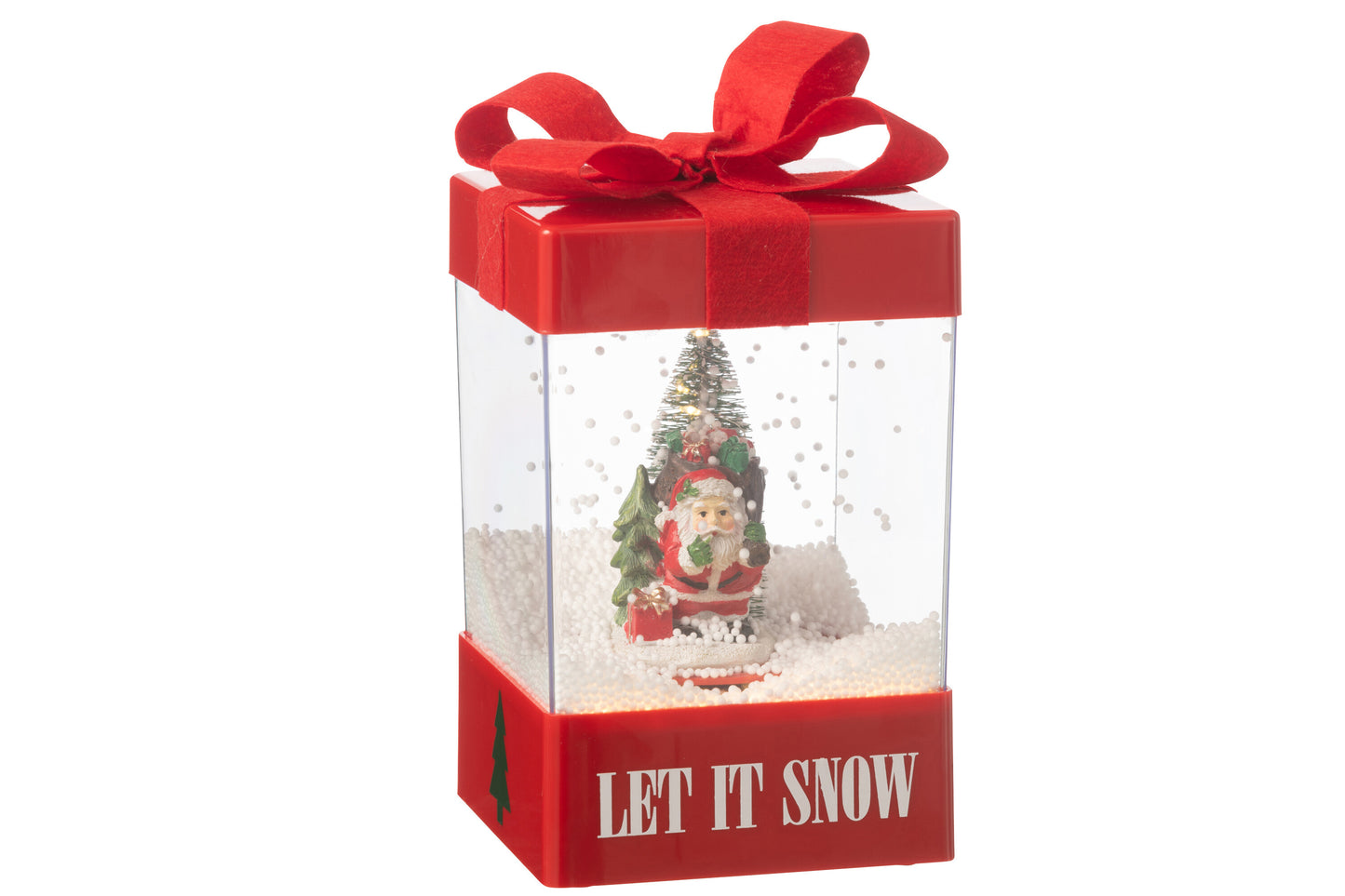 Kerstlantaarn in de vorm van een cadeau met LED licht, muziek en sneeuweffect – J-Line – 20 cm