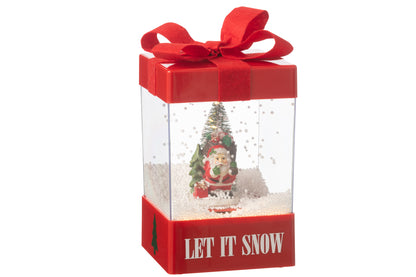 Kerstlantaarn in de vorm van een cadeau met LED licht, muziek en sneeuweffect – J-Line – 20 cm