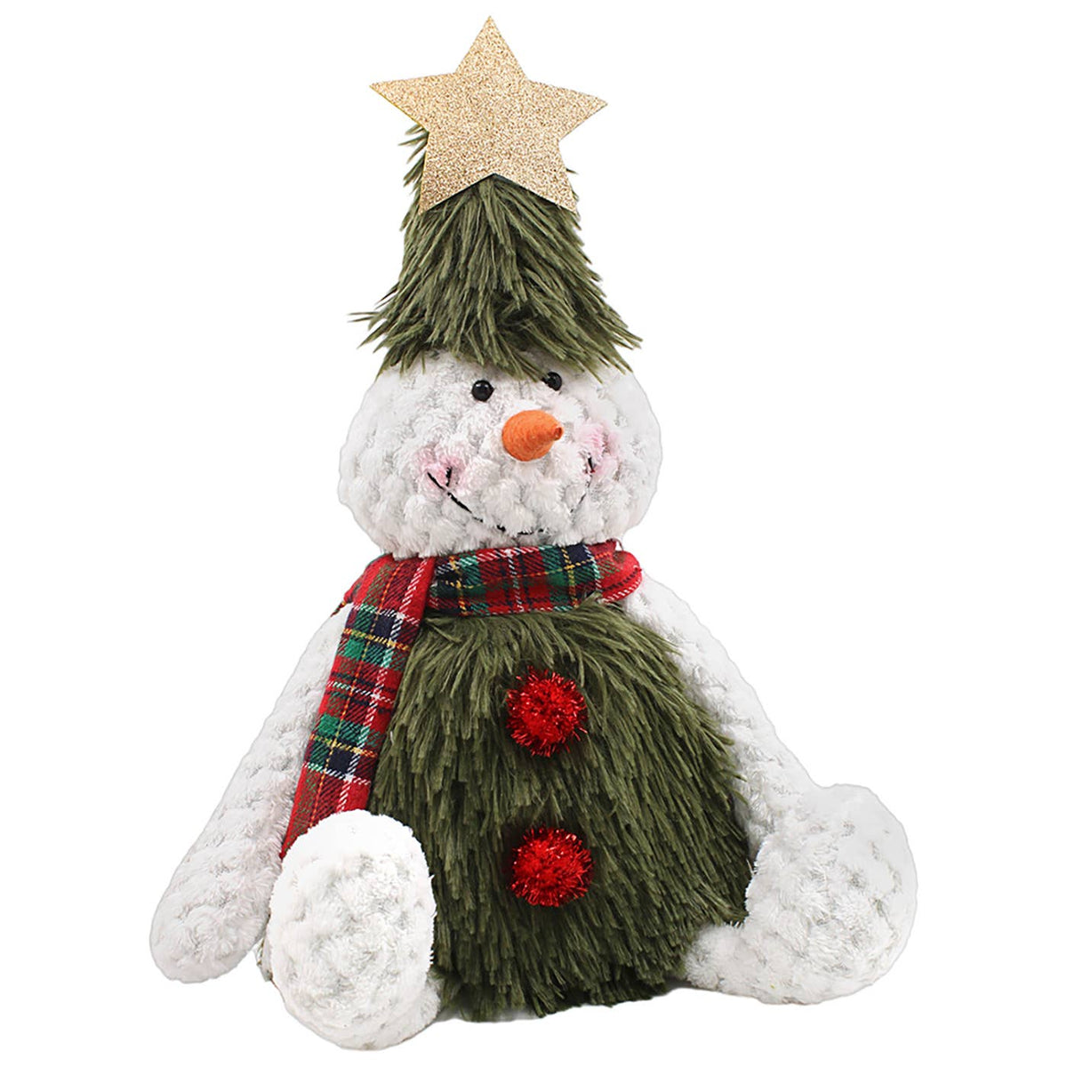Zachte sneeuwpop kerstdecoratie van 100% polyester met groene kerstboomoutfit, gouden glitterster, rode pompons en rood-geruite sjaal, 29 cm zittend