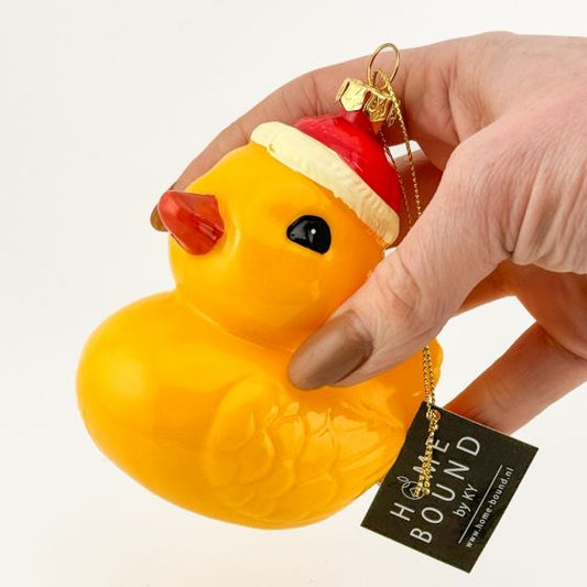 Gele badeend kersthanger met kerstmuts – kunststof ornament 8,8 cm – Krokomingo