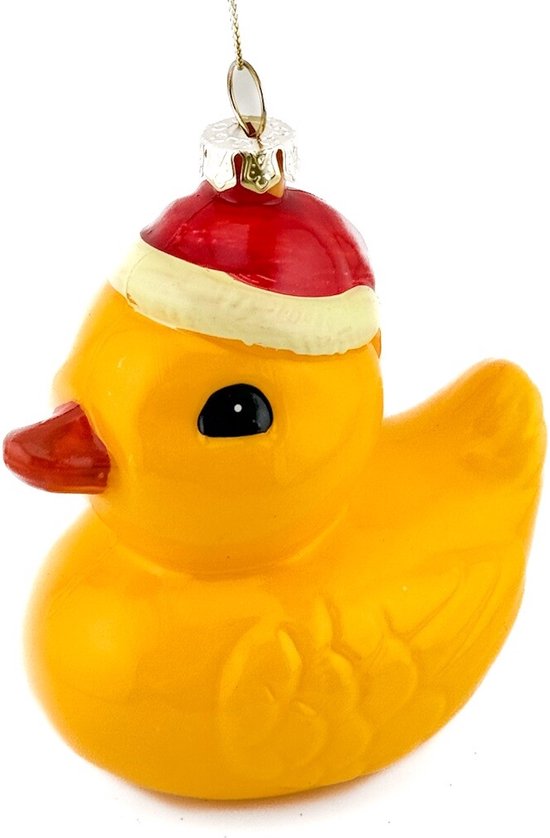 Badeend Kersthanger met Kerstmuts – Geel Kunststof Ornament – 8,8 cm Hoog