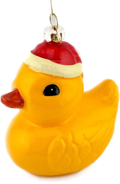 Badeend Kersthanger met Kerstmuts – Geel Kunststof Ornament – 8,8 cm Hoog