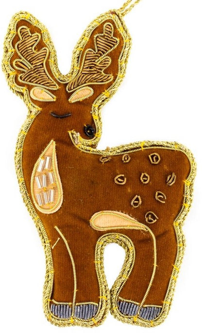 Fluwelen Hert Kersthanger – Handgemaakt Ornament – 14 cm Hoog – Goud & Bruin