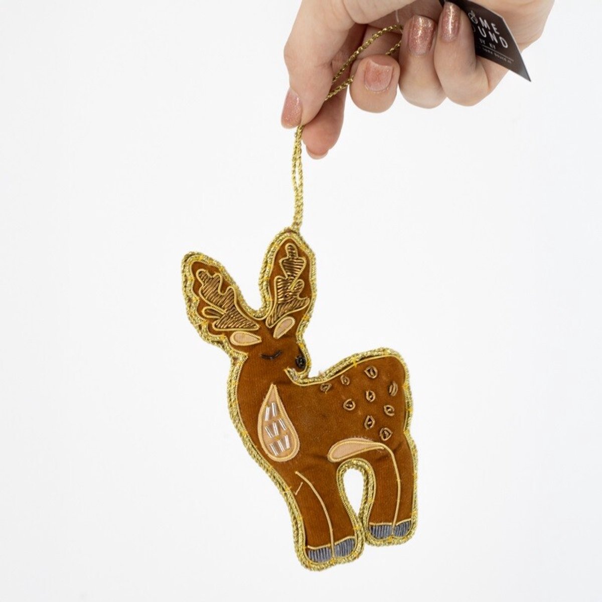 Handgemaakt fluwelen hert ornament – bruine en gouden kersthanger 14 cm hoog – Krokomingo