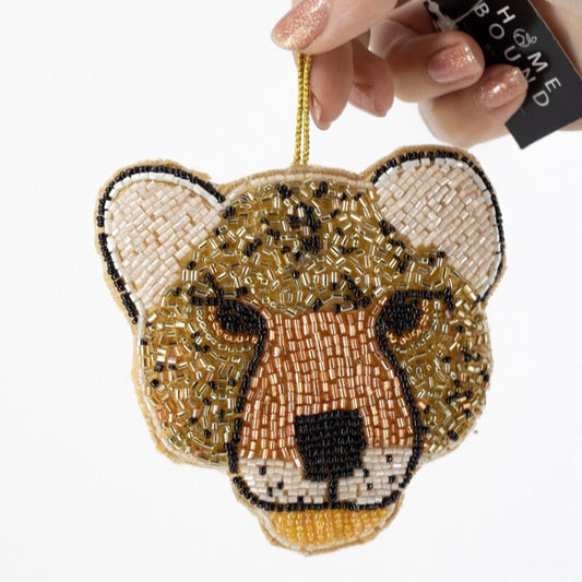 Handgemaakte gouden panter kersthanger van kralen – luxe ornament 10x9 cm – Krokomingo