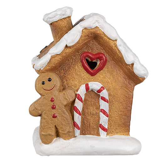 Keramieken gingerbread kersthuis met sneeuw en poppetje – Clayre &amp; Eef – 11x7x16 cm