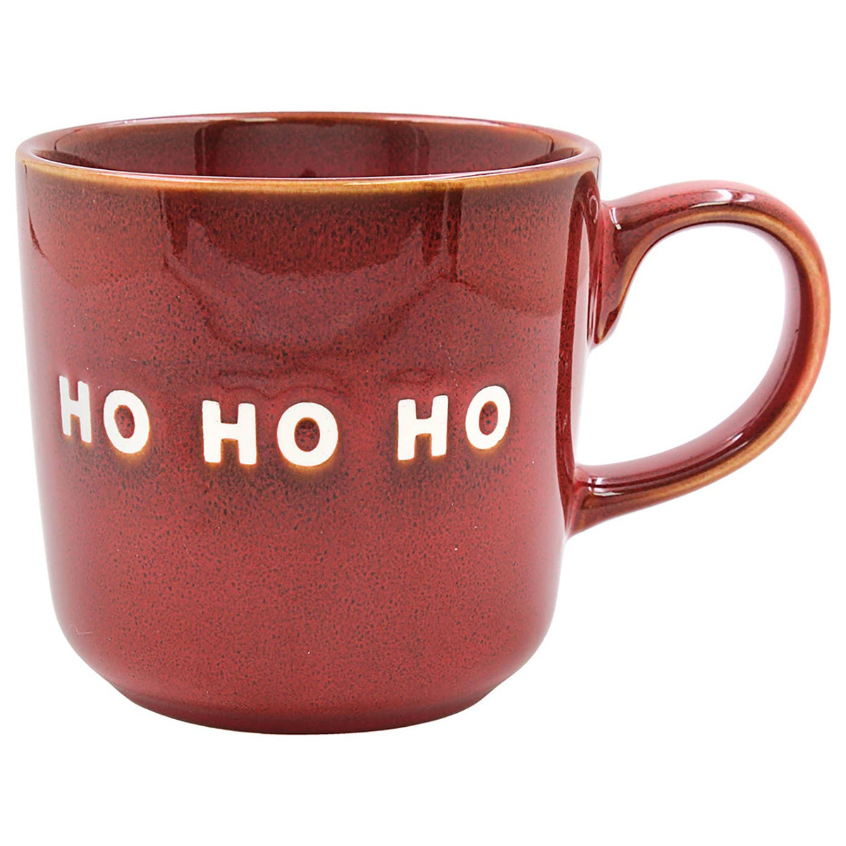 Rode HO HO HO kerstmok van Lesser & Pavey Elements Collection met witte kersttekst, glanzend reactief glazuur en afgerond oor