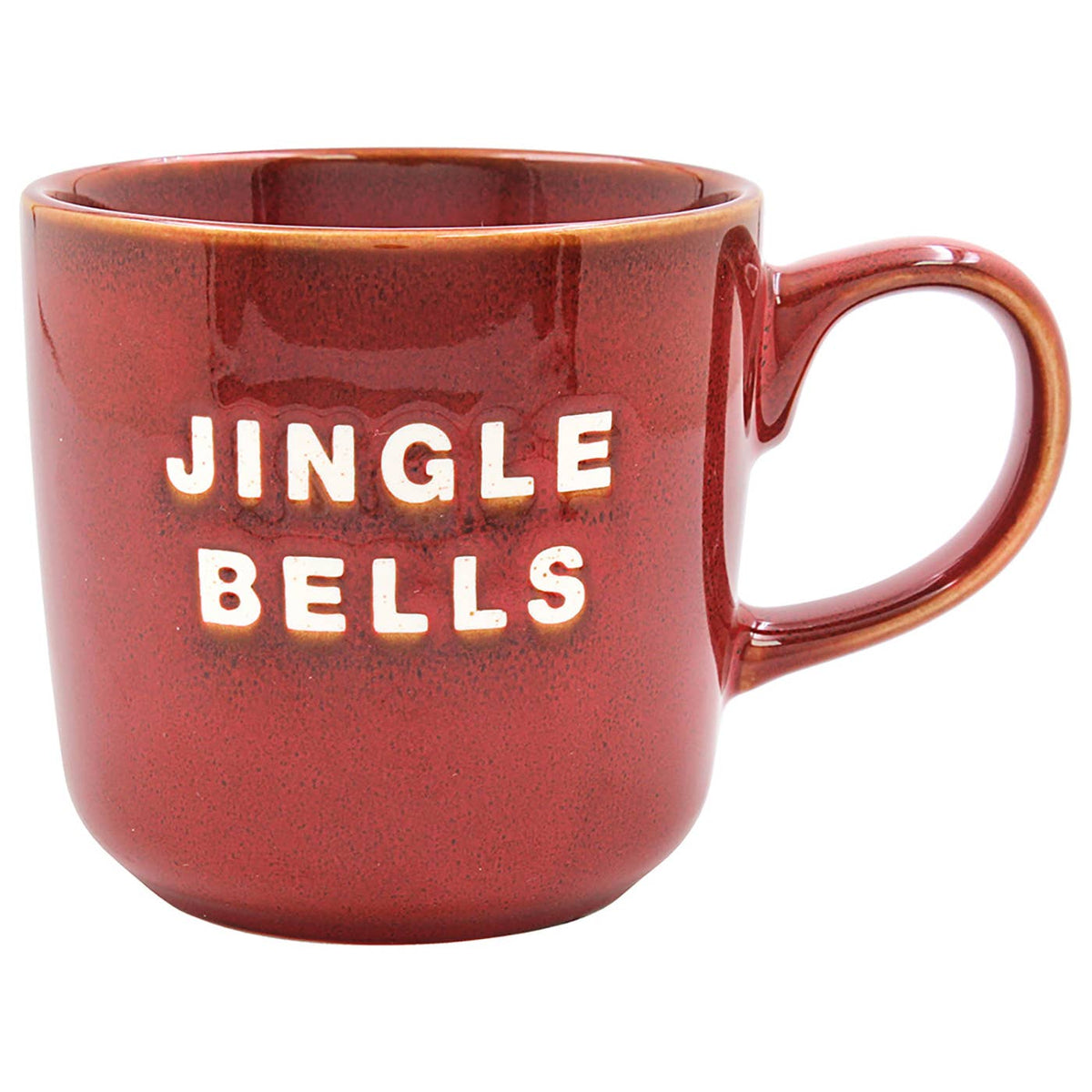 Rode Jingle Bells kerstmok van Lesser & Pavey Elements Collection met witte kersttekst, glanzend reactief glazuur, warme kleurnuances en afgerond oor