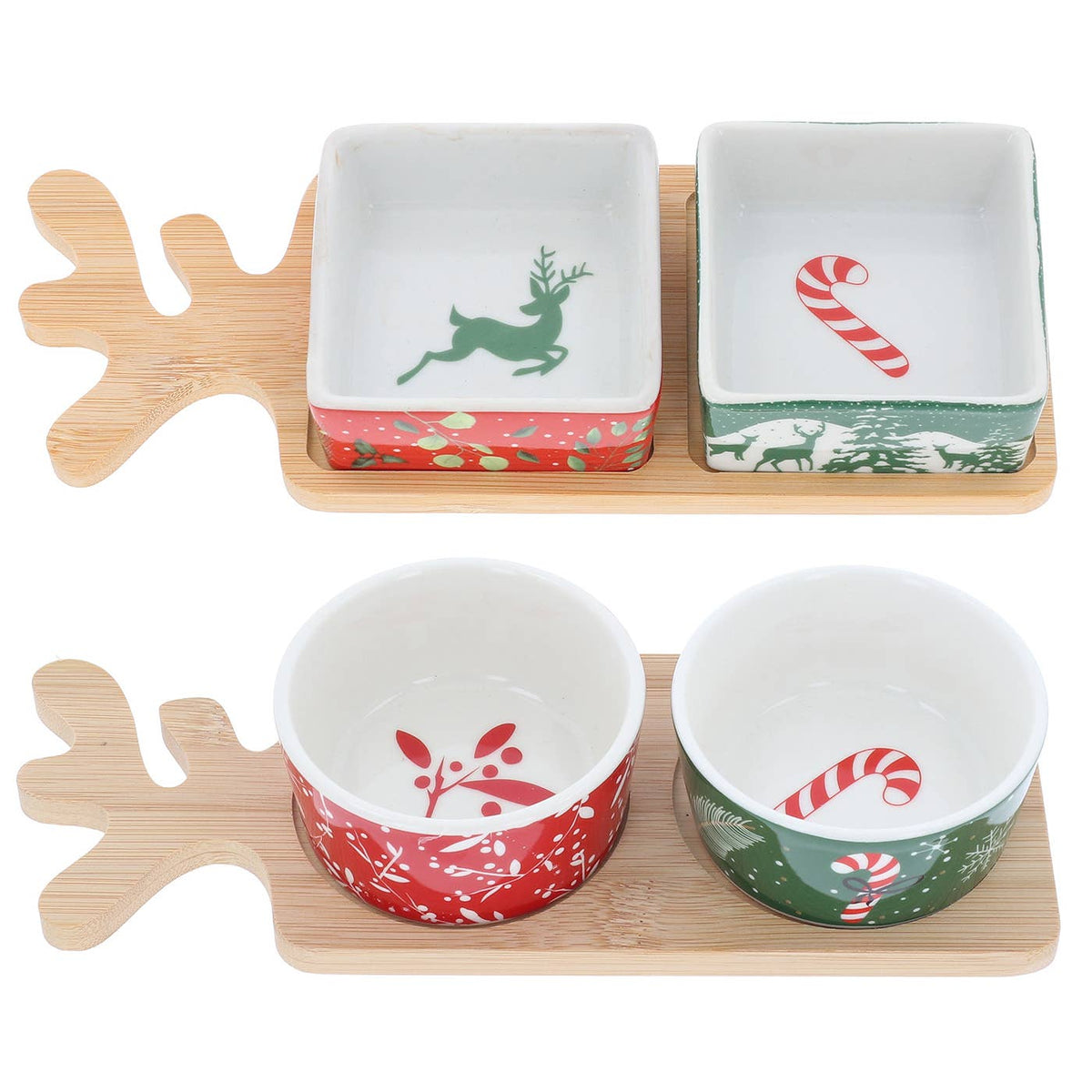 Kerst snackset met houten serveerplank in rendiergeweivorm en twee vierkante keramische schaaltjes met rendier en candy cane, rood en groen, 25 cm