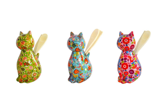 Pomme Pidou keukengereihouder Kat Caramel in groen bloemenmotief, blauw multicolor en roze bloemenmix – keramiek – Krokomingo